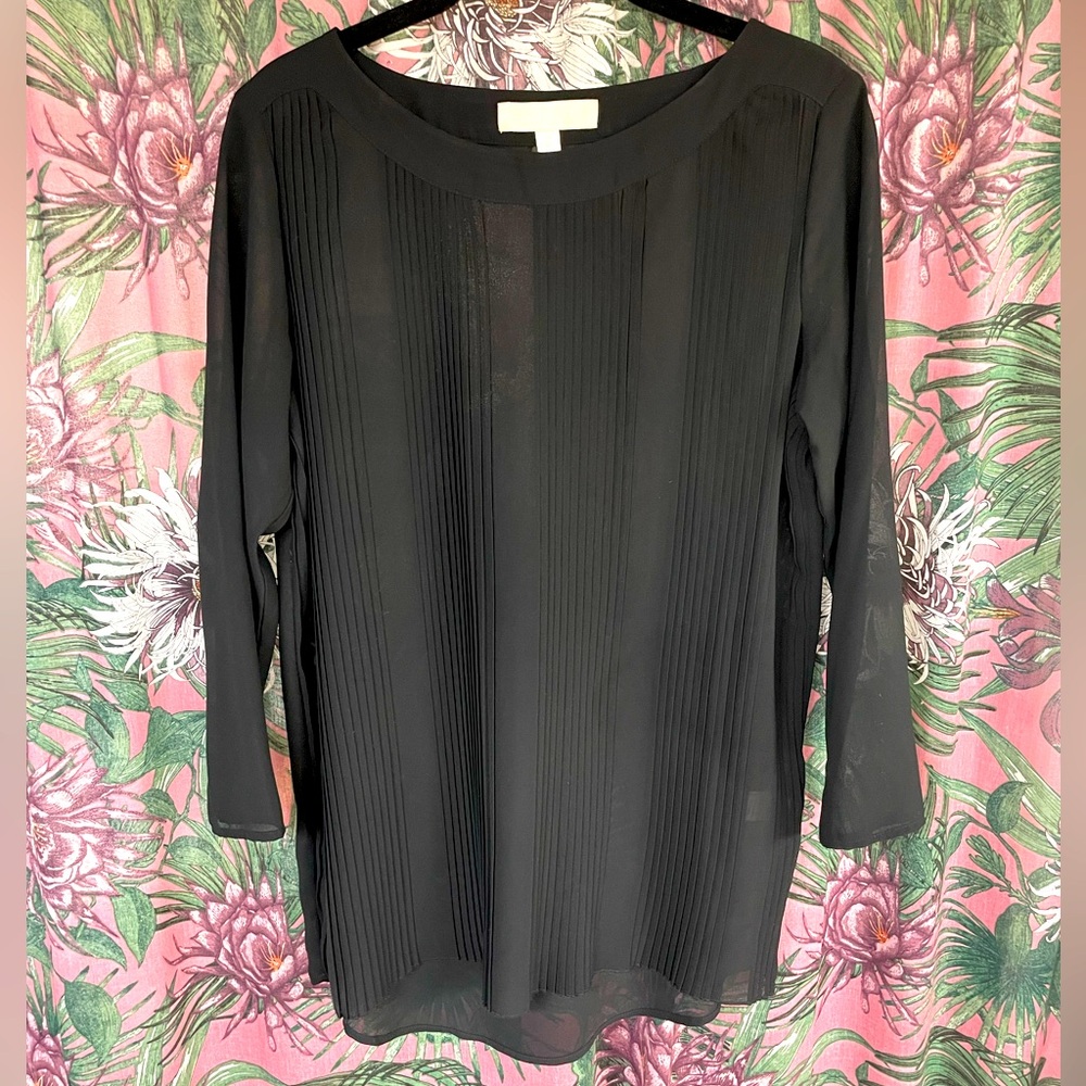 NWOT Francesca’s Lumiere black pleated sheer blouse size S to M
